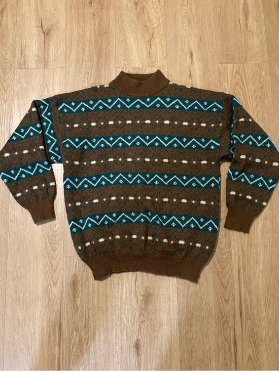 Old River Other - Vintage 1980’s Brown & Green Geometric Retro Mock Neck Sweater Men’s Medium